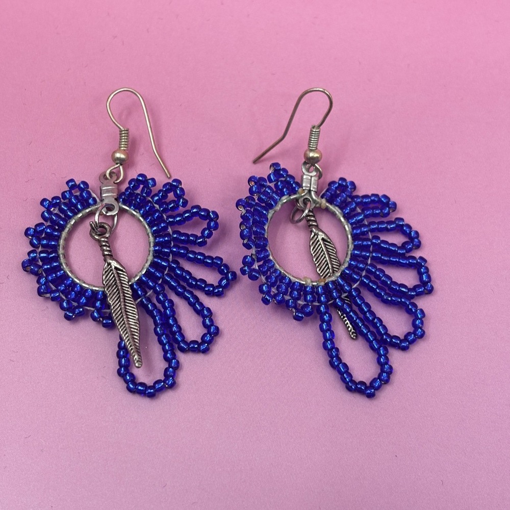 Blue Beaded Fringe Hoop Earrings Silver Tone Feather Charm Boho Festival Dangle